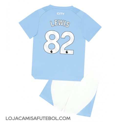 Camisa de Futebol Manchester City Rico Lewis #82 Equipamento Principal Infantil 2023-24 Manga Curta (+ Calças curtas)